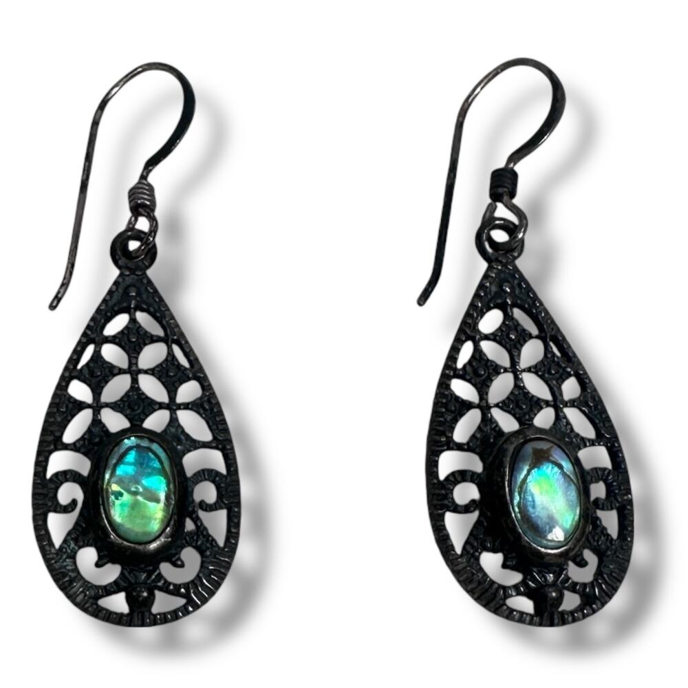 Sterling Silver Filigree Teardrop Earrings Simulated Opal Gemstone Jewelry Women